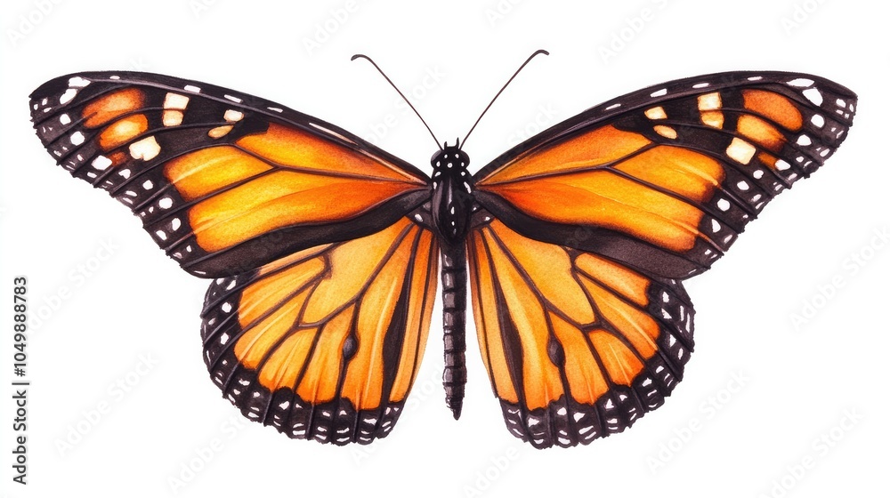 Obraz premium A beautiful watercolor of a monarch butterfly with vivid orange and black wings, painted with intricate details and a clean white background for focus