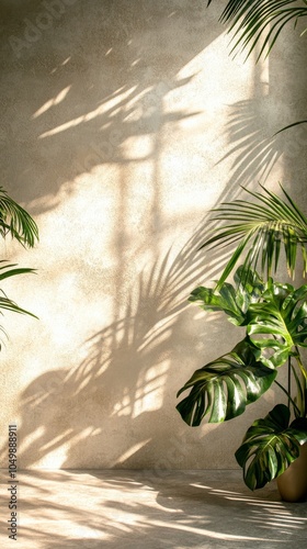 Lush green plant casting shadows on a textured golden wall in a bright indoor...