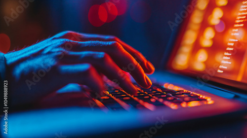 person typing on a computer keyboard with a modern office
