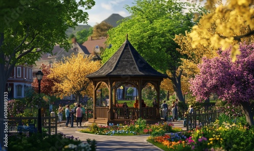 A gazebo surrounded by flowers and people.