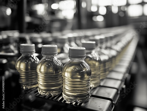 Bottles of water on a conveyor belt. The bottles are lined up and are all the same color
