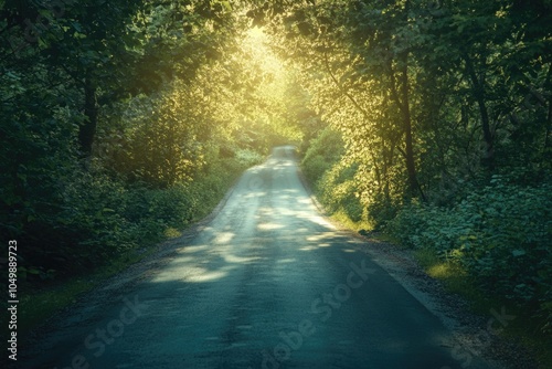 Road with trees on either side and a sun shining through the trees. The road is empty and the sun is shining brightly