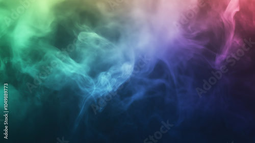 Surreal smoke trail with faint rainbow hues of blue, green, and purple, twisting through a dark background. The softly glowing smoke has intricate curls, creating a mystical and vibrant atmosphere