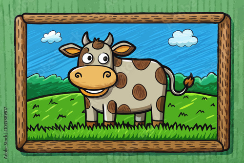 funny cow vector on green field landscape background, hand drawn sketch