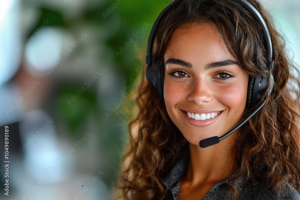 Smiling Woman in Headset Assisting Customers Smiling Woman in Headset Assisting Customers