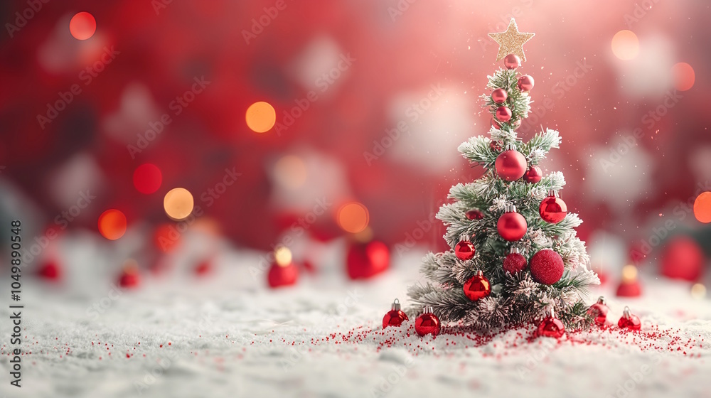 Small frosted Christmas tree with red ornaments on a snowy surface and bokeh lights in the background. Concept of classic holiday decor for a cozy celebration. Christmas
