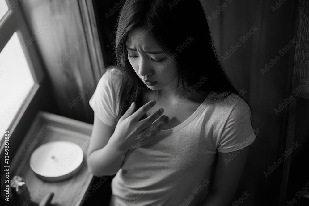 Obraz premium Woman is sitting in a room with her hand on her chest. She looks sad and is wearing a white shirt