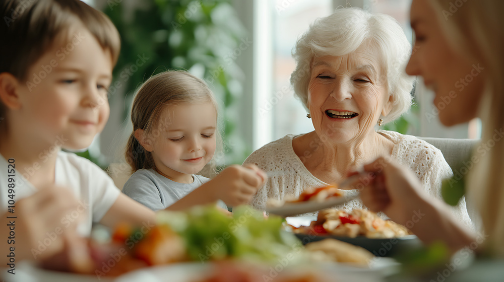 A multigenerational family enjoying a casual meal together in a modern, bright dining room 
