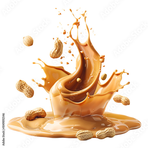 Close-up Peanut butter liquid pouring, splashing with peanuts isolated on a transparent background. Ai generative photo