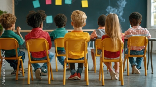 Students in Classroom with Colorful Chairs and Black Board photo