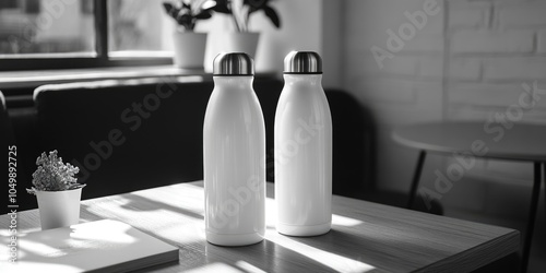 Two white bottles sit on a table in front of a window. The bottles are made of metal and have a silver top. The table is made of wood and has a potted plant on it. The scene is simple and clean