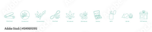 Vector Icon Set for Rolling Papers, Cannabis Farm, Hemp Rope, and CBD Dispensary Essentials