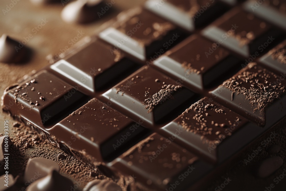 Chocolate bar with a few chocolate chips on top. The chocolate bar is cut into squares. Concept of indulgence and pleasure, as the chocolate bar is a popular treat that many people enjoy Chocolate bar with a few chocolate chips on top. The chocolate bar is cut into squares. Concept of indulgence and pleasure, as the chocolate bar is a popular treat that many people enjoy
