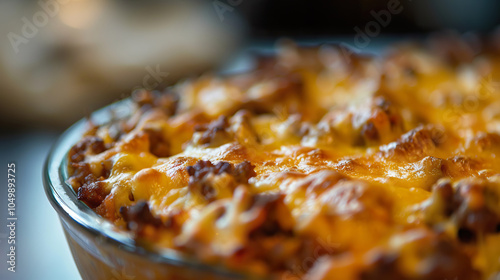 homemade hamburger casserole served in a cozy kitchen, close up photo