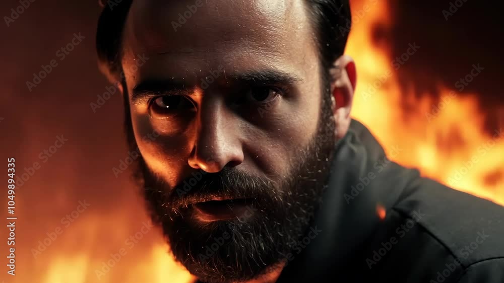 A man with a beard stares intensely at the camera, with a fire burning behind him A man with a beard stares intensely at the camera, with a fire burning behind him