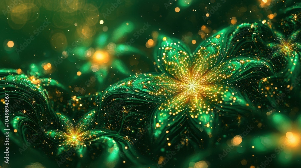 Fototapeta premium Enchanting fusion of rich green and golden particles creating a magical floral landscape