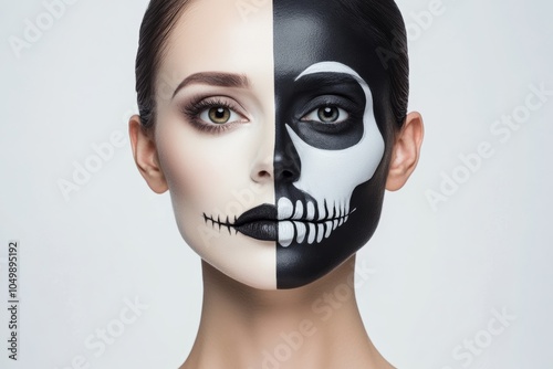 Woman's face is painted with a skeleton on one side and a skull on the other. makeup is black white, giving the impression of a dualityt. black grey surrealism beautiful woman face half skull