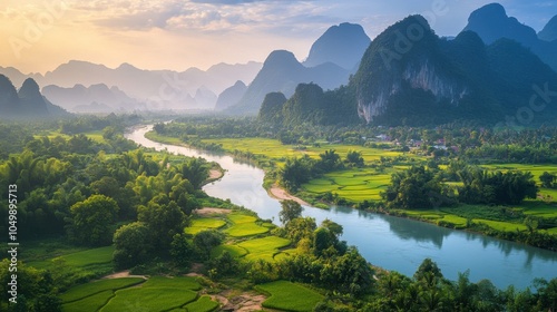 Scenic landscape of Vang Vieng with a serene river winding through dramatic karst