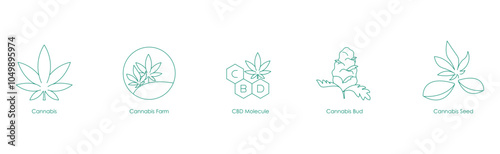 Icon Set Covering Cannabis Products and Farm Elements, Including CBD Molecules, Buds, and Seed Icons