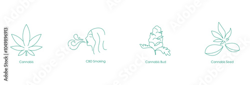 Icon Set Showcasing a Variety of Cannabis Items Including CBD Smoking Accessories, Cannabis Seeds, and Bud Icons