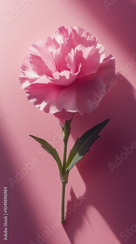Beautiful pink carnation flower with green leaves on a soft pastel background...