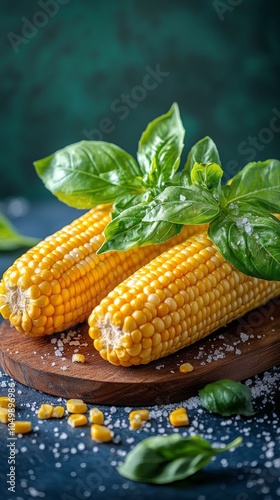 Fresh corn on the cob with basil leaves on a wooden board with salt and scatt...
