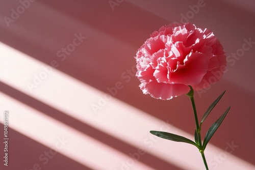 Soft pink carnation flower on a pastel background with gentle shadows in the ...