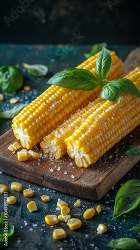 Fresh corn on the cob with basil leaves on a wooden board with salt and scatt...