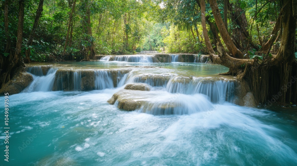 Scenic view of Kuang Si Falls near Luang Prabang, with turquoise blue water cascading Scenic view of Kuang Si Falls near Luang Prabang, with turquoise blue water cascading