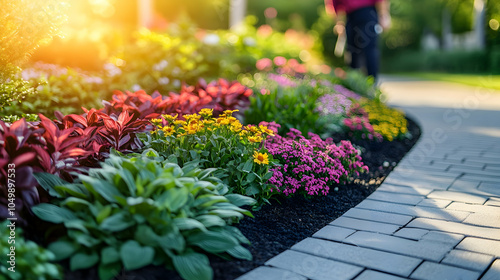 Sunny Garden Path, brick path, cobblestone, walkway, flower bed, flower border