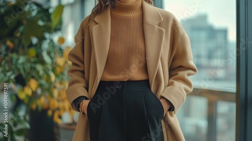 Stylish woman in a cozy sweater and elegant coat inside a modern cafe during ...