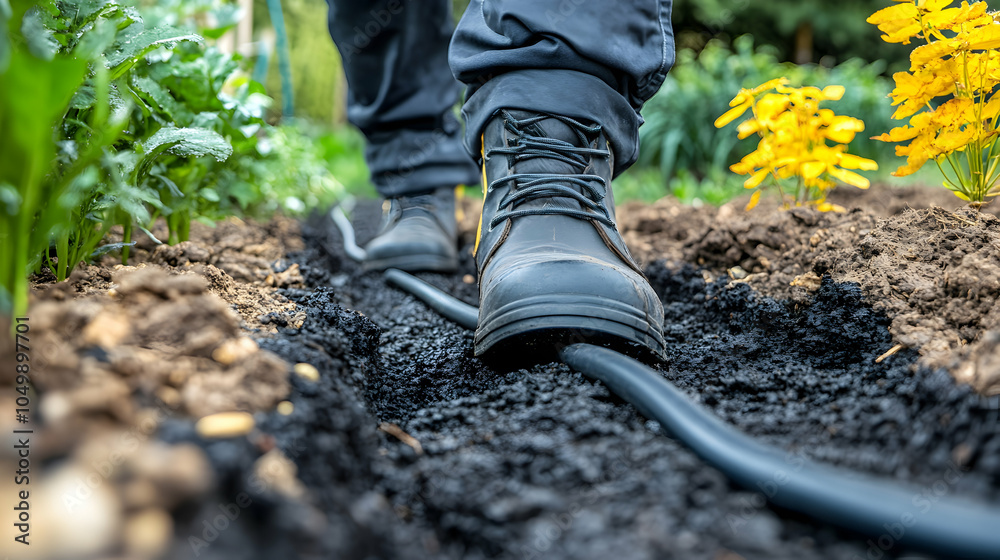 Close-up of feet walking over a black irrigation hose in a garden, watering, gardening, plants, shoes, soil Close-up of feet walking over a black irrigation hose in a garden, watering, gardening, plants, shoes, soil