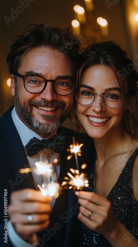 Celebrating a joyful moment with sparklers during a festive evening at a form...