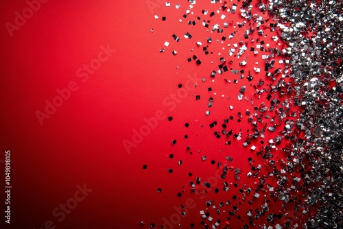 Shimmering silver glitter scattered across a vibrant red background during fe...