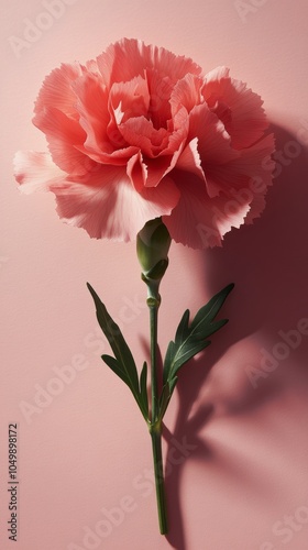 Beautiful pink carnation flower with green leaves on a soft pastel background...