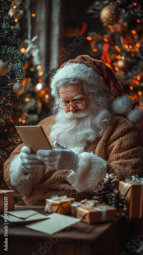 Santa reads letters by a festive Christmas tree in a cozy setting