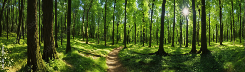 Fototapeta premium Sunlight shining through green forest canopy creating beautiful lighting and shadows