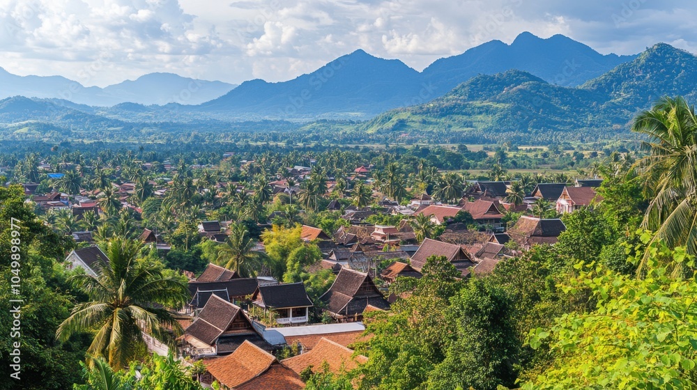 Obraz premium Serene view of Phou Si Hill in Luang Prabang, with panoramic views of the city and