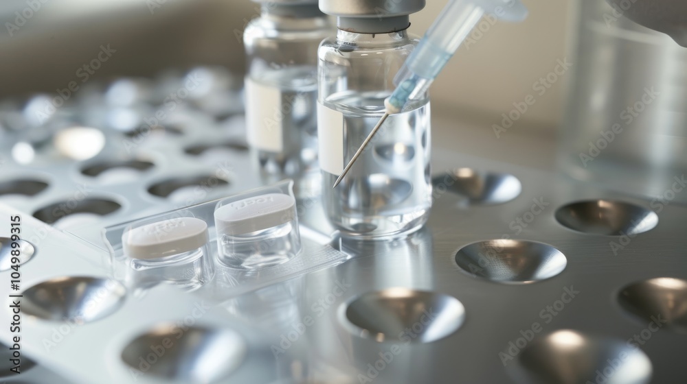 A close-up of a syringe with a clear, labeled medication vial, set on a sterile tray with soft lighting
