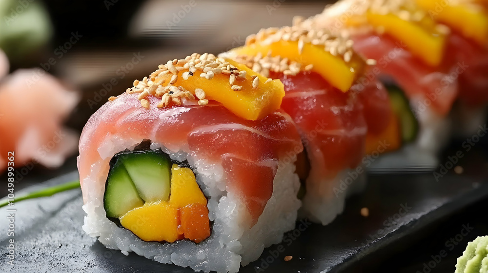Delicious Sushi Rolls with Mango and Tuna, maki, japanese food, asian food, seafood, cucumber Delicious Sushi Rolls with Mango and Tuna, maki, japanese food, asian food, seafood, cucumber