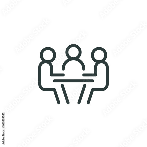 Meeting room, discussion, business conference, support group outline icon. Line sign group of three people sitting at table. Vector isolated pictograms on white background editable stroke.