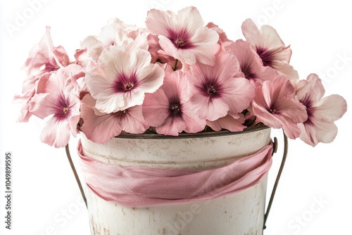 Charming pink and white flowers in a metal bucket with ribbons on a bright ba...