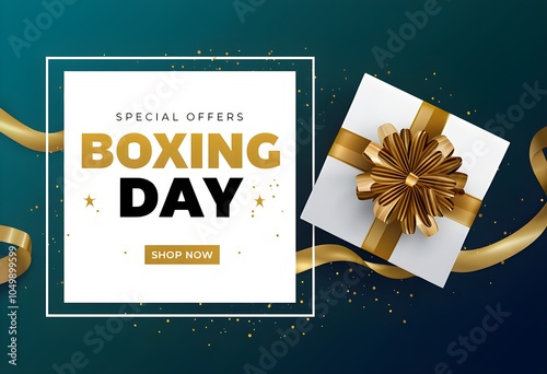 Boxing Day special offers with gold ribbon on teal background, holiday promotion banner photo