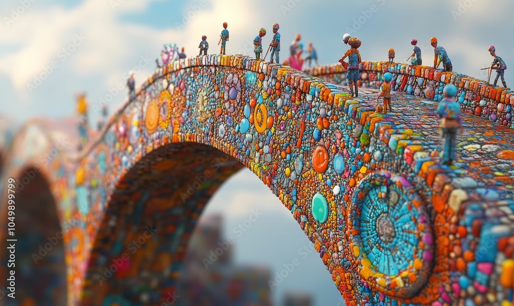 Naklejka premium Colorful mosaic bridge with tiny figures.