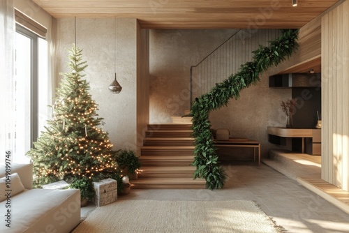 Cozy living room with a decorated Christmas tree and a staircase in a winter ...