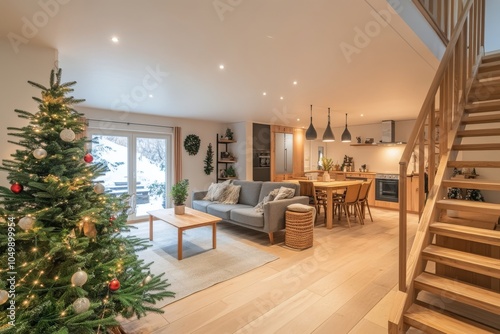 Cozy living room with a decorated Christmas tree and a staircase in a winter ...