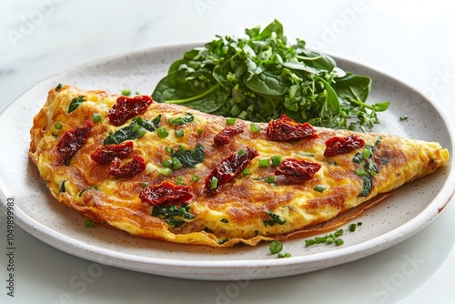 Delicious spinach and sun dried tomato omelet served on a simple plate in a b...