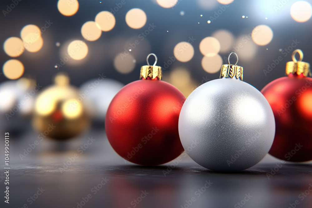 Bright and festive Christmas ornaments in red and silver create joyful atmosphere, surrounded by soft bokeh lights that enhance holiday spirit Bright and festive Christmas ornaments in red and silver create joyful atmosphere, surrounded by soft bokeh lights that enhance holiday spirit