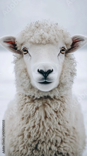 Close up view of an inquisitive sheep gazing towards the camera in a grassy f...
