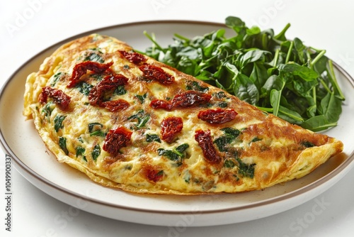 Delicious spinach and sun dried tomato omelet served on a simple plate in a b...